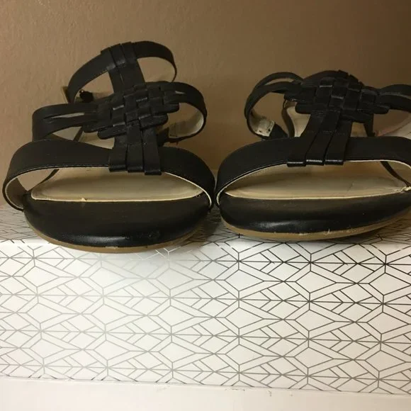 COLE HAAN "Findra" Black Leather Woven Slide Wedge Sandal | Size 9B - Picture 9 of 15